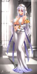  artist_name blurry blurry_background breast_curtains breasts cleavage detached_sleeves dress facial_mark female full_body hair_between_eyes headdress heterochromia highres large_breasts long_dress long_hair looking_at_viewer midnight_(banyex) mole mole_on_breast mole_under_mouth no_bra own_hands_together patreon_username pixiv_fantasia pixiv_fantasia_scepter_of_zeraldia purple_eyes saiphy_lanidae smile solo standing web_address white_dress white_hair yellow_eyes 