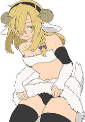  1boy animal_ears bandeau black_male_underwear black_thighhighs blonde_hair blush blush_visible_through_hair bow braid brown_horns bulge closed_mouth commentary_request cookie_(touhou) cowboy_shot eyes_visible_through_hair flat_color genderswap_(ftm) hair_between_eyes hair_over_one_eye hairbow highres hisuisyo9 horns kirisame_marisa long_hair looking_at_viewer male_focus male_underwear navel nose_blush otoko_no_ko purple_bow rei_(cookie) rule_63 sheep_boy sheep_ears sheep_horns sheep_tail side_braid simple_background single_braid smile solo tail thighhighs touhou underwear white_background yellow_eyes 