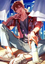  1boy backlighting balcony black_shirt blue_sky bottle bracelet brown_eyes brown_hair cloud curtains day denim earrings eyelashes eyeshadow fushimi_gaku fushimi_gaku_(2nd_costume) hawaiian_shirt highres jeans jewelry layered_shirt looking_at_viewer looking_down madota_yuki magatama makeup male_focus mole mole_under_eye necklace nijisanji oerba_yun_fang outdoors pants ponytail railing refraction ring shirt shoes sitting sky sneakers solo spiked_hair t-shirt virtual_youtuber water water_drop wind wood 