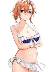  absurdres alternate_breast_size alternate_hairstyle arms_under_breasts bare_shoulders bikini blush breasts brown_hair chinese_commentary collarbone commentary cowboy_shot expressionless female flower frilled_bikini frills hair_between_eyes hair_flower hair_ornament highres large_breasts looking_ahead misaka_mikoto navel orange_eyes short_hair simple_background solo soranoki swimsuit toaru_kagaku_no_railgun toaru_majutsu_no_index white_background 