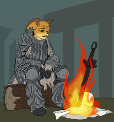  anthro armor biped bonfire clock-face dark_souls fromsoftware hi_res inside jakkai male melee_weapon open_mouth sitting slightly_damned solo sword weapon 