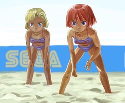  2girls alternate_costume beach beach_volleyball bent_over bikini blonde_hair blue_bikini blue_eyes breasts burning_rangers chris_parton closed_mouth collarbone commentary_request day emblem full_body hands_on_own_knees legs_apart looking_at_viewer multiple_girls nak_(nakroom) navel outdoors parted_lips red_hair sand sega short_hair sky small_breasts swimsuit tan tillis volleyball 