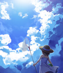  back blue_dress brown_hair bug_hunting butterfly_net cloud commentary_request day dress female hand_net hat landscape looking_up net niichi_(komorebi-palette) original photoshop_(medium) short_hair solo sun_hat sundress 