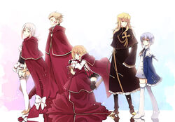  3boys 3girls blonde_hair blue_eyes bow brown_hair cape capelet charlotte_(pandora_hearts) closed_eyes commentary_request cross doug_(pandora_hearts) dress earrings echo_(pandora_hearts) facial_mark fang_(pandora_hearts) flower formal frills gathers gloves green_eyes heterochromia hood jewelry lily_(pandora_hearts) long_hair mitsubi multiple_boys multiple_girls pandora_hearts pink_eyes pink_hair red_eyes short_hair skirt smile thighhighs vincent_nightray white_hair yellow_eyes 