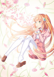  :o amiami_(company) amico cosmos_(flower) female flower full_body green_eyes hair_ornament hairclip juliet_sleeves loafers logo_hair_ornament long_hair long_sleeves looking_away orange_hair petals puffy_sleeves school_uniform shoe_dangle shoes skirt solo thighhighs two_side_up very_long_hair white_thighhighs wind yumekui 