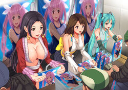  3girls 6+boys bare_shoulders black_eyes black_hair boa_hancock boa_hancock_(cosplay) breasts brown_hair cleavage convention cosplay earrings final_fantasy final_fantasy_x glasses green_hair happy hat hatsune_miku hatsune_miku_(cosplay) holding i-19_(kancolle) i-19_(kancolle)_(cosplay) indoors jall_boint jewelry kantai_collection large_breasts long_hair long_sleeves looking_at_another midriff money multiple_boys multiple_girls navel one_piece original otaku parted_lips photoshop_(medium) pink_hair poster_(object) red_eyes revealing_clothes short_hair smile snake_earrings source_request standing swimsuit table tattoo twintails vocaloid wide_sleeves yellow_eyes yuna_(ff10) yuna_(ff10)_(cosplay) 