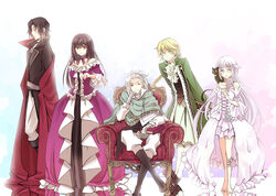  2girls 3boys bare_shoulders barefoot blonde_hair book boots bow braid brother_and_sister brown_hair cape capelet cheshire_cat_(pandora_hearts) choker commentary_request couch detached_sleeves dress earrings flower formal frilled_dress frills gloves green_eyes jack_vessalius jewelry lacie_baskerville levi_baskerville long_hair mitsubi multiple_boys multiple_girls oswald_baskerville pandora_hearts ponytail purple_eyes red_eyes short_hair siblings sitting smile white_hair will_of_the_abyss 