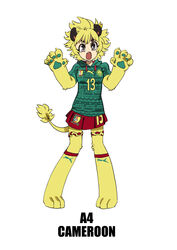  2014_fifa_world_cup absurdres animal_ears blonde_hair cameroon commentary_request female highres hood hoodie lion_ears lion_girl lion_paw lion_tail oerba_yun_fang open_mouth original photoshop_(medium) pigeon-toed pleated_skirt short_hair simple_background skirt solo tail white_background world_cup yu_yanshu 