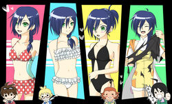  ahoge bakugan bakugan_gundalian_invaders bikini black_hair blue_hair brown_hair chibi commentary_request dark_skin fabia_sheen female frilled_bikini frills glasses goggles goggles_on_head green_eyes hood hooded_jacket jacket jake_vallory kamome_(tkamome) kazami_shun kuusou_danma marukura_marucho navel orange_hair polka_dot polka_dot_swimsuit short_hair shorts smile swimsuit 