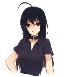  ahoge bad_id bad_pixiv_id black_hair breasts chuunibyou_demo_koi_ga_shitai! collar female long_hair looking_at_viewer medium_breasts red_eyes simple_background solo sound_tamashi takanashi_touka white_background 