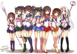  6+girls akagi_(kancolle) back_bow bare_legs bishoujo_senshi_sailor_moon black_hair blue_bow blue_choker blue_eyes blue_footwear blue_hair blue_sailor_collar blue_skirt boots bow breasts brooch brown_bow brown_eyes brown_hair choker commentary_request cosplay earrings elbow_gloves garnet_rod glaive_(polearm) gloves green_choker green_footwear green_sailor_collar grey_hair hair_ribbon heart_wand high_heels hiryuu_(kancolle) holding holding_polearm holding_staff holding_weapon jewelry kaga_(kancolle) kantai_collection knee_boots long_hair magical_girl medium_breasts momozakura_nanao multiple_girls open_mouth orange_choker orange_sailor_collar pink_bow polearm purple_bow purple_footwear purple_sailor_collar purple_skirt red_bow red_choker red_sailor_collar ribbon sailor_collar sailor_jupiter sailor_jupiter_(cosplay) sailor_mars sailor_mars_(cosplay) sailor_mercury sailor_mercury_(cosplay) sailor_moon sailor_moon_(cosplay) sailor_pluto sailor_pluto_(cosplay) sailor_saturn sailor_saturn_(cosplay) sailor_senshi sailor_senshi_uniform sailor_venus sailor_venus_(cosplay) short_hair shoukaku_(kancolle) side_ponytail silence_glaive skirt smile souryuu_(kancolle) staff star_brooch strappy_heels taihou_(kancolle) tiara twintails weapon white_choker white_gloves zuikaku_(kancolle) 