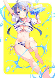  :o ahoge amiami_(company) arm_up bikini blue_eyes blue_hair blush breasts crop_top female front-tie_bikini_top front-tie_top hair_ornament hairclip large_breasts leg_up lilco looking_at_viewer outside_border sailor_collar side-tie_bikini_bottom simple_background solo striped_bikini striped_clothes swimsuit twintails v-shaped_eyebrows water water_gun yellow_background yumekui 