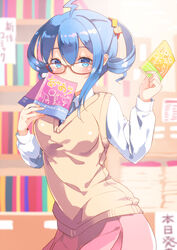  ahoge amiami_(company) blue_eyes blue_hair blurry blush book book_to_mouth bookshelf covered_mouth depth_of_field female glasses hair_ornament hairclip holding holding_book indoors lilco looking_at_viewer school_uniform shirt skirt solo sweater_vest twintails white_shirt yumekui 