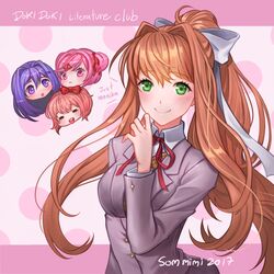  4girls :&lt; blazer bow breasts brown_hair chibi chibi_inset choker commentary doki_doki_literature_club english_commentary green_eyes hair_intakes hairbow highres jacket large_breasts long_hair monika_(doki_doki_literature_club) multiple_girls natsuki_(doki_doki_literature_club) pink_eyes pink_hair ponytail purple_eyes purple_hair ribbon_choker sayori_(doki_doki_literature_club) school_uniform severed_head solo_focus sommimi two_side_up v-neck very_long_hair yuri_(doki_doki_literature_club) 