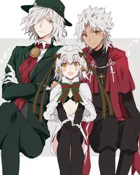  2boys ahoge amakusa_shirou_(fate) bell black_gloves blonde_hair boy_sandwich capelet commentary_request dark-skinned_male dark_skin edmond_dantes_(fate) edmond_dantes_(first_ascension)_(fate) elbow_gloves fate/grand_order fate_(series) fedora female fur_trim gloves hair_ribbon hand_on_another&#039;s_shoulder hat headpiece jeanne_d&#039;arc_(fate) jeanne_d&#039;arc_alter_santa_lily_(fate) long_hair looking_at_viewer multiple_boys noka_(blackheart1118) protected_link ribbon sandwiched short_hair smile thighhighs wavy_hair white_hair yellow_eyes 