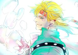  1boy bad_id bad_pixiv_id blonde_hair bubble caesar_anthonio_zeppeli facial_mark feather_hair_ornament feathers fingerless_gloves gloves green_jacket hair_ornament headband hydrokinesis jacket jojo_no_kimyou_na_bouken male_focus muyukikiyoshi11521 solo water 