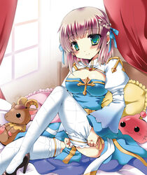  arch_bishop_(ragnarok_online) bad_id bad_pixiv_id bed blush braid breasts brown_hair commentary_request cross curtains female frilled_pillow frills green_eyes hair_ribbon half_updo high_heels highres large_breasts pillow ragnarok_online ribbon shoes short_hair sitting smile solo thighhighs white_thighhighs yoroi_nau 