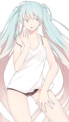  aqua_eyes aqua_hair commentary_request female hatsune_miku highres long_hair naruto_maki smile solo tank_top tongue twintails underwear very_long_hair vocaloid 