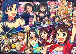  6+girls absurdres ahoge amami_haruka animal_costume aqua_eyes armlet bare_shoulders black_gloves black_gothic_dress_(idolmaster) black_ribbon blitzen blonde_hair blue_dress blue_eyes blue_gloves blue_hair blush bow bracelet breasts brown_eyes brown_hair chibiki choker cleavage closed_eyes coin collarbone collared_shirt commentary_request confetti detached_sleeves dress drink earrings elbow_gloves emily_stewart eve_santaclaus eyewear_on_head fangs fingerless_gloves flower flower_necklace frilled_choker frills gloves green_eyes green_hair hair_flower hair_ornament hair_ribbon hairband hairbow hairclip hakozaki_serika hat headband headphones heart heart_earrings highres holding holding_microphone honda_mio ibuki_tsubasa idolmaster idolmaster_(classic) idolmaster_cinderella_girls idolmaster_million_live! instrument jetpack jewelry jougasaki_mika jougasaki_rika kasuga_mirai kisaragi_chihaya kousaka_umi long_hair medium_breasts microphone midriff mogami_shizuka multiple_girls navel necklace necktie open_mouth orange_hair pink_bow pink_check_school_(idolmaster) pink_eyes pink_hair pointing puchimasu! red_ribbon reindeer ribbon ribbon_choker santa_hat senkawa_chihiro shibuya_rin shimabara_elena shimamura_uzuki shirt short_hair side_ponytail small_breasts smile star_(symbol) star_earrings sunset_nostalgie_(idolmaster) suzu-shiro tail takanya trumpet twintails two_side_up white_hair white_shirt wings wrist_cuffs yayo yellow_bow yellow_eyes yukipo 