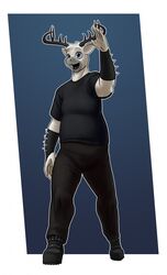  anthro antlers biped blue_eyes boots bottomwear clock-face clothed clothing deer facial_markings footwear front_view fur head_markings hi_res horn humanoid_hands male mammal markings muzzle_(marking) open_mouth open_smile pants shirt slightly_chubby smile snout snout_markings solo standing topwear white_body white_fur 