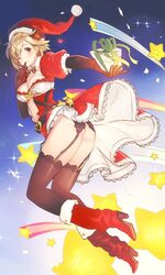  ass blonde_hair boots christmas commentary_request djeeta_(granblue_fantasy) elbow_gloves female flat_ass garter_belt gift gloves granblue_fantasy hat high_heel_boots high_heels koza_game one_eye_closed protected_link red_footwear santa_costume santa_hat short_hair skirt solo thighhighs 