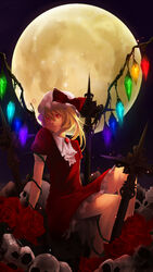  aged_up alternate_wings bad_id bad_pixiv_id blonde_hair cross female flandre_scarlet flower full_moon glowing hat hat_ribbon highres lips moon plant pochiharu red_eyes red_flower red_rose ribbon rose short_hair side_ponytail sitting skull solo touhou vines wings 