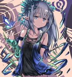  arm_behind_back armlet bad_hands bare_shoulders blue_eyes blue_hair blunt_bangs collarbone commentary_request cowboy_shot crystal detached_sleeves dress erin_(granblue_fantasy) eyebrows female flat_chest granblue_fantasy hair_ornament long_hair long_sleeves lplpsteven no_nose orange_background photoshop_(medium) pointy_ears short_dress sleeveless sleeveless_dress solo standing thigh_gap 