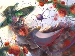  :d blizzomos blood blood_on_weapon blue_eyes bow commentary crazy_eyes crazy_smile eyeball female fishnets flower foreshortening frilled_sleeves frills green_hair hat hat_bow heart heart-shaped_pupils highres holding holding_knife knife komeiji_koishi long_sleeves looking_at_viewer open_mouth plant red_flower red_rose rose short_hair smile solo stitches symbol-shaped_pupils thick_eyebrows third_eye thorns touhou vines weapon white_bow yandere 