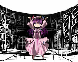  \o/ arms_up bookshelf crescent female gatau genki_dama hair_ribbon hat irony library long_hair outstretched_arms patchouli_knowledge purple_eyes purple_hair ribbon solo touhou voile 