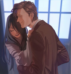  1boy abbystea bad_id bad_pixiv_id black_hair brown_hair character_request clara_oswald closed_eyes doctor_who eleventh_doctor_(doctor_who) female formal hair_over_one_eye highres hug long_hair open_mouth photoshop_(medium) smile suit tardis the_doctor upper_body 