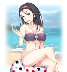  ball beach beachball bikini black_hair breasts commentary_request crossed_legs day female hairband kumokawa_seria large_breasts long_hair purple_bikini purple_eyes shin_(highest1192) sitting solo swimsuit toaru_majutsu_no_index toaru_majutsu_no_index:_new_testament 