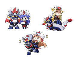  3girls akou_roushi blonde_hair blue_hair brown_hair chibi commentary_request gre-chan great_mazinger great_mazinger_(robot) grenda-san grendizer handheld_game_console long_hair mazinger_(series) mazinger_z mazinger_z_(mecha) mecha multiple_girls painttool_sai_(medium) personification robot robot_girls_z smile ufo_robo_grendizer z-chan 