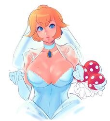  absurdres alternate_breast_size blonde_hair blue_eyes bouquet breasts bridal_veil commentary dress english_commentary female flower gloves highres jewelry large_breasts long_hair looking_at_viewer loyproject mario_(series) piranha_plant princess_peach princess_peach_(wedding) solo super_mario_odyssey veil wedding_dress white_gloves 