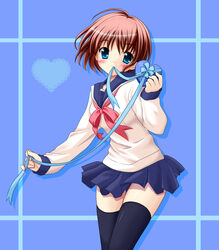  blush colorized commentary_request female heart highres looking_at_viewer mouth_hold original photoshop_(medium) ribbon school_uniform serafuku short_hair skirt solo thighhighs wata_(akawata) 