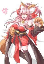  aleixww animal_ears bare_shoulders bell black_thighhighs breasts cleavage collar commentary_request detached_sleeves fate/grand_order fate_(series) female fox_ears fox_tail hair_ribbon japanese_clothes large_breasts long_hair looking_at_viewer neck_bell open_mouth pink_hair ribbon solo tail tamamo_(fate) tamamo_cat_(fate) tamamo_cat_(first_ascension)_(fate) thighhighs yellow_eyes 