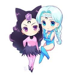  2girls aqua_eyes aqua_hair beruche_(sailor_moon) bishoujo_senshi_sailor_moon bishoujo_senshi_sailor_moon_r black_hair black_moon_clan blue_choker blue_eyes blue_footwear blue_gloves blue_hair blue_leotard bodysuit boots braid braided_bangs braided_ponytail chibi choker commentary_request cone_hair_bun crescent crescent_facial_mark crystal_earrings earrings elbow_gloves facial_mark floating forehead_mark full_body gem gloves hair_bun jewelry koan_(sailor_moon) leotard light_blue_hair long_hair multiple_girls no_nose pantyhose pink_bodysuit purple_eyes striped_clothes striped_pantyhose usashiro_mani vertical-striped_clothes vertical-striped_pantyhose white_background 