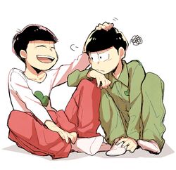  2boys alternate_costume bad_id bad_twitter_id black_hair brothers indian_style jumpsuit male_focus matsuno_choromatsu matsuno_osomatsu multiple_boys osomatsu-kun osomatsu-san osomatsu_(series) siblings simple_background sitting smile wakaya_hana white_background 