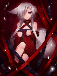  aika_(konshin) animal_ears bare_shoulders commentary_request female grey_hair hair_over_one_eye konshin long_hair original petals purple_eyes short_hair_with_long_locks solo tail 