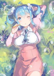  ;o ahoge amiami_(company) arm_behind_head blue_eyes blue_hair blush breasts bubble_pipe cowboy_shot drill_hair female flower from_above grass hair_bobbles hair_ornament lilco long_sleeves looking_at_viewer lying medium_breasts necktie on_back on_ground one_eye_closed outdoors school_uniform serafuku skirt soap_bubbles solo twintails yumekui 