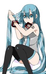  aqua_eyes aqua_hair commentary_request female hair_down hatsune_miku long_hair naruto_maki necktie solo thighhighs very_long_hair vocaloid 