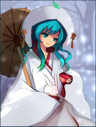  aqua_eyes aqua_hair commentary_request female hatsune_miku highres hood japanese_clothes kimono long_hair rabbit snow solo sound_tamashi uchikake umbrella vocaloid wataboushi white_kimono yuki_miku yuki_miku_(2013) 