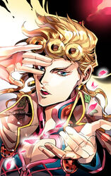  1boy bad_id bad_pixiv_id blonde_hair blue_eyes cape commentary_request giorno_giovanna jojo_no_kimyou_na_bouken jojo_pose ladybug_ornament male_focus petals photoshop_(medium) solo tazawa_(odamura) vento_aureo wing_ornament 