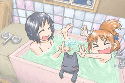  &gt;_&lt; 2girls :d =_= ^_^ barefoot bathtub black_hair blush brown_hair bubble closed_eyes commentary_request faucet feline gears helvetica_standard kotobuki_(tiny_life) laughing multiple_girls nichijou nude open_mouth professor_shinonome sakamoto_(nichijou) same-sex_bathing shared_bathing shinonome_nano short_hair smile tied_hair tile_wall tiles water window xd 