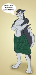  anthro biped blue_eyes blush canid canine canis clock-face clothed clothing countershading crossed_arms digitigrade domestic_dog english_text fur grey_body grey_fur hair hi_res husky kilt male mammal nordic_sled_dog pattern_clothing plaid plaid_clothing solo spitz tartan_bottomwear text topless white_body white_fur 