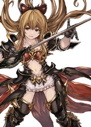  armor bare_shoulders bikini_armor black_gloves black_thighhighs blonde_hair bow collarbone commentary_request empty_eyes female floating_hair frilled_skirt frills gloves granblue_fantasy grin hair_between_eyes hair_ornament hairbow holding holding_sword holding_weapon kurokoeda long_hair looking_away looking_to_the_side miniskirt navel rapier red_bow red_eyes showgirl_skirt sidelocks simple_background skirt smile solo standing sword thighhighs vira_(granblue_fantasy) weapon white_background white_skirt zettai_ryouiki 