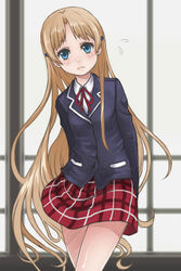  alternate_hairstyle blonde_hair blue_eyes chuunibyou_demo_koi_ga_shitai! commentary_request dekomori_sanae female hair_down icho_private_high_school_uniform jigoku_inu long_hair photoshop_(medium) school_uniform solo 