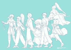  6+boys arc_(arc_the_lad) arc_the_lad bandana chongora_(arc_the_lad) female gogen_(arc_the_lad) iga_(arc_the_lad) kukuru_(arc_the_lad) lapi_(lapis6318) long_hair monochrome multiple_boys poco_(arc_the_lad) scarf short_hair tosh_(arc_the_lad) upper_body 