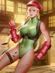  ahoge audia_pahlevi bad_deviantart_id bad_id beret blonde_hair blue_eyes bracer braid breasts cammy_white clenched_hands commentary cowboy_shot female fingerless_gloves gloves green_leotard hair_between_eyes harness hat highleg highleg_leotard highres huge_ahoge large_breasts leotard lips long_hair making-of_available pouch red_gloves solo street_fighter street_fighter_v thigh_pouch toned twin_braids 