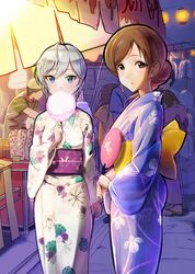  2girls anastasia_(idolmaster) brown_eyes brown_hair coda_(simon1995) commentary_request cotton_candy grey_hair hand_fan idolmaster idolmaster_cinderella_girls japanese_clothes kimono long_hair looking_at_viewer love_laika_(idolmaster) multiple_girls nitta_minami open_mouth paper_fan short_hair uchiwa yukata 