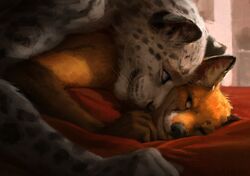  2016 anthro bed black_body black_fur black_nose black_spots blue_eyes canid canine digital_media_(artwork) digital_painting_(artwork) duo eye_contact felid feline fox fur furniture grey_body grey_fur hax_(artist) inside kenket leopard lofi looking_at_another lying male male/male mammal markings nude on_bed on_front orange_body orange_eyes orange_fur pantherine red_fox romantic romantic_couple smile snow_leopard spots spotted_body spotted_fur true_fox whiskers white_body white_fur 